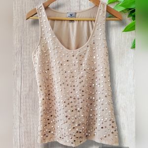 Worthington Boho Women Tank Top Khaki Beige Sequined Size PS